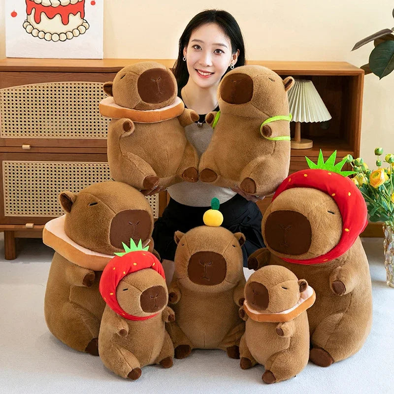 Woman surrounded by kawaii plush bear toys with various accessories in a room setting.