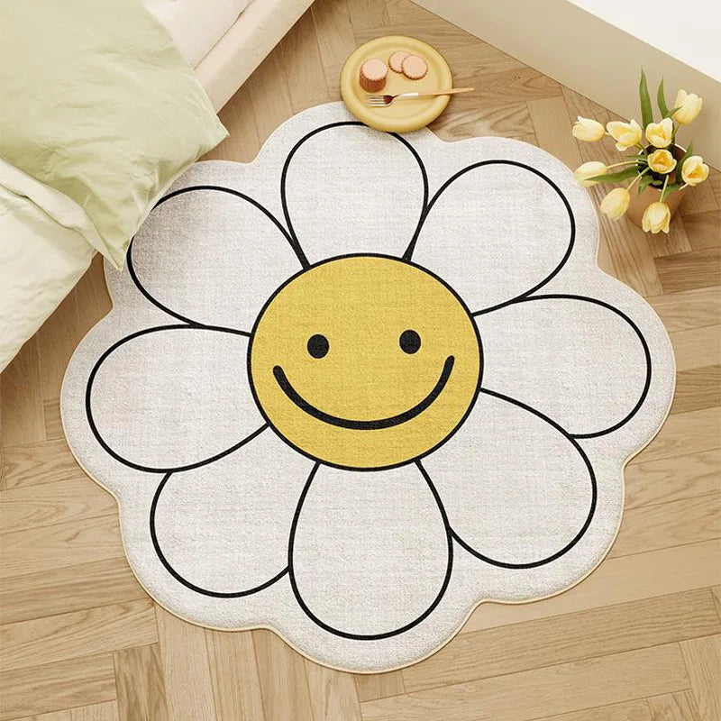 Round kawaii rug with a smiley face design on a wooden floor