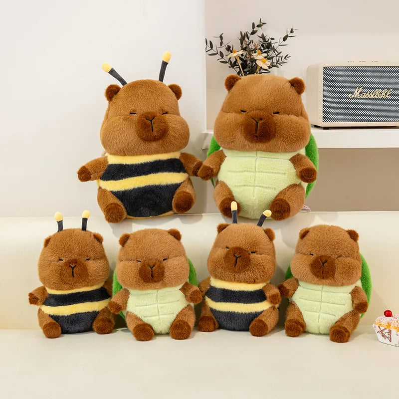 Set of kawaii plush toys resembling bears in different outfits on a white surface.