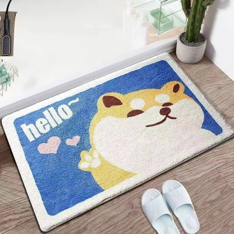 Cartoon Kawaii dog rug with 'hello' text on a wooden floor