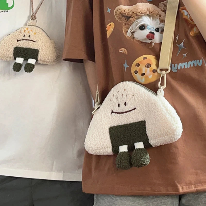 Plush toy bag shaped like a Kawaii cartoon character on a person wearing a brown shirt with a cookie design.