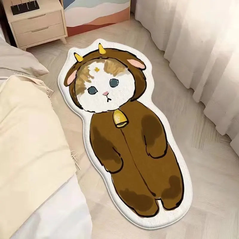 Cushion shaped like a kawaii cartoon cat in a brown outfit on a bed