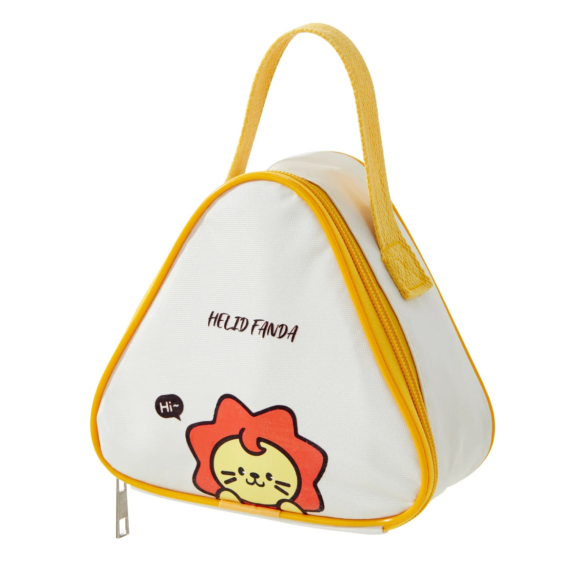 Triangle-shaped pouch with a kawaii cartoon lion design and yellow trim on a white background