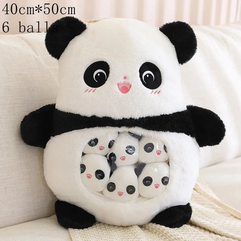 Kawaii plush panda toy with six smaller panda plushies on a white couch.