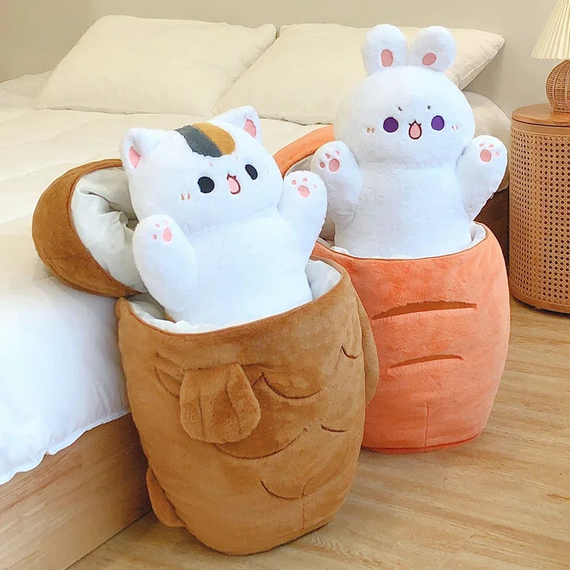 Two plush kawaii toys, a cat and a rabbit, inside decorative pots on a wooden floor.