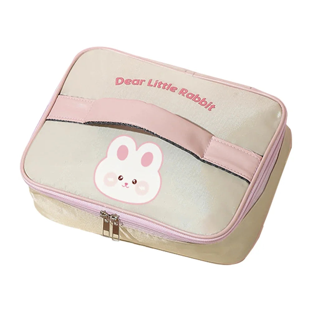 Cosmetic bag with a kawaii rabbit design and 'Dear Little Rabbit' text on a beige background