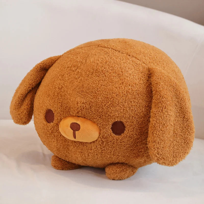 Brown kawaii plush dog toy on a white surface