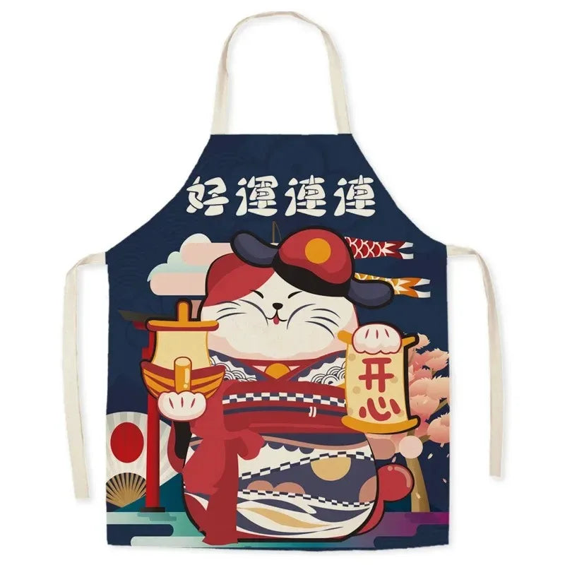 Colorful apron with a Kawaii cartoon cat design and text on a white background