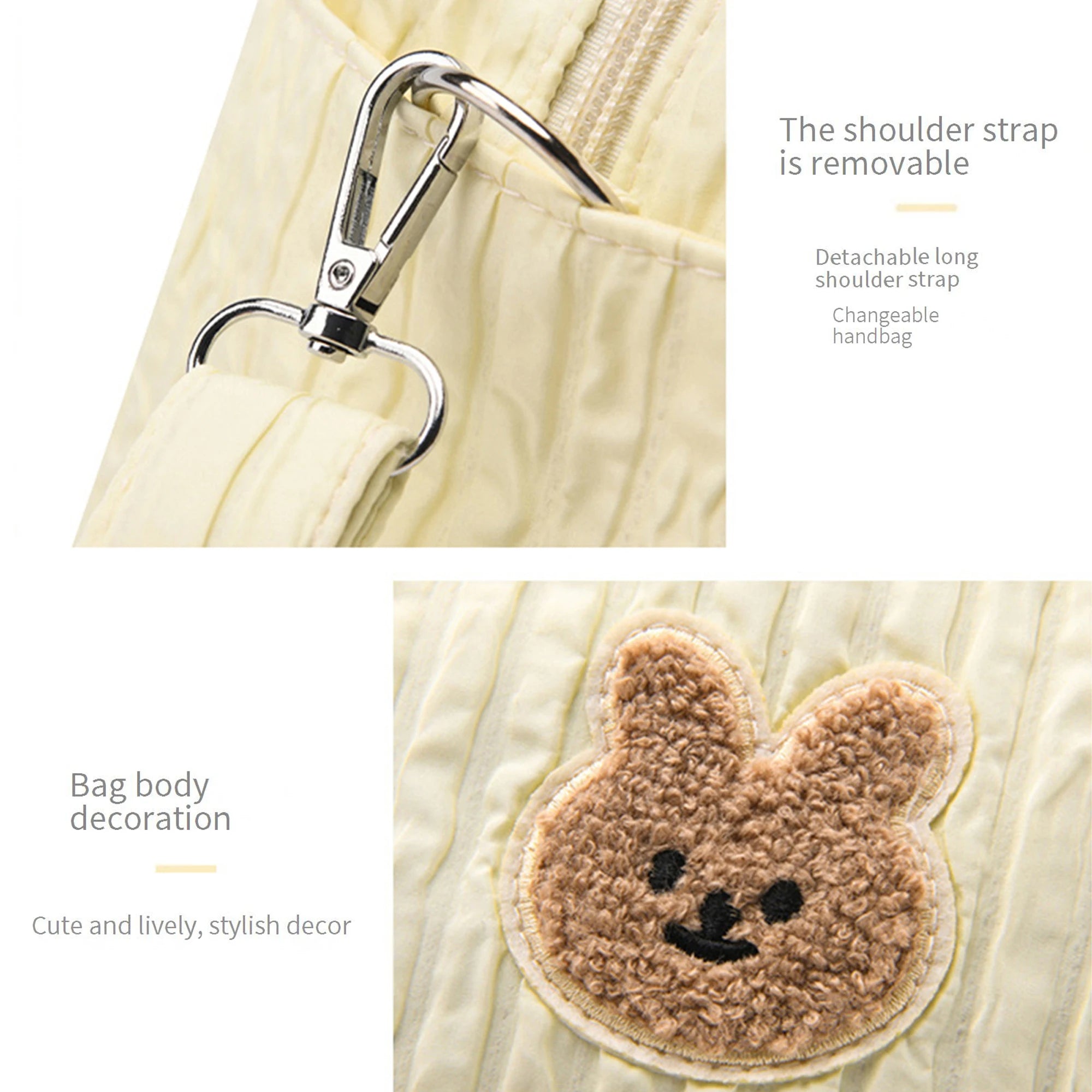 Detachable shoulder strap and bag body Kawaii decoration with a bear face design on a beige background.