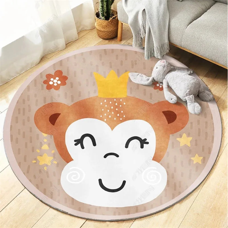 Round kawaii rug with a cartoon monkey design on a wooden floor.