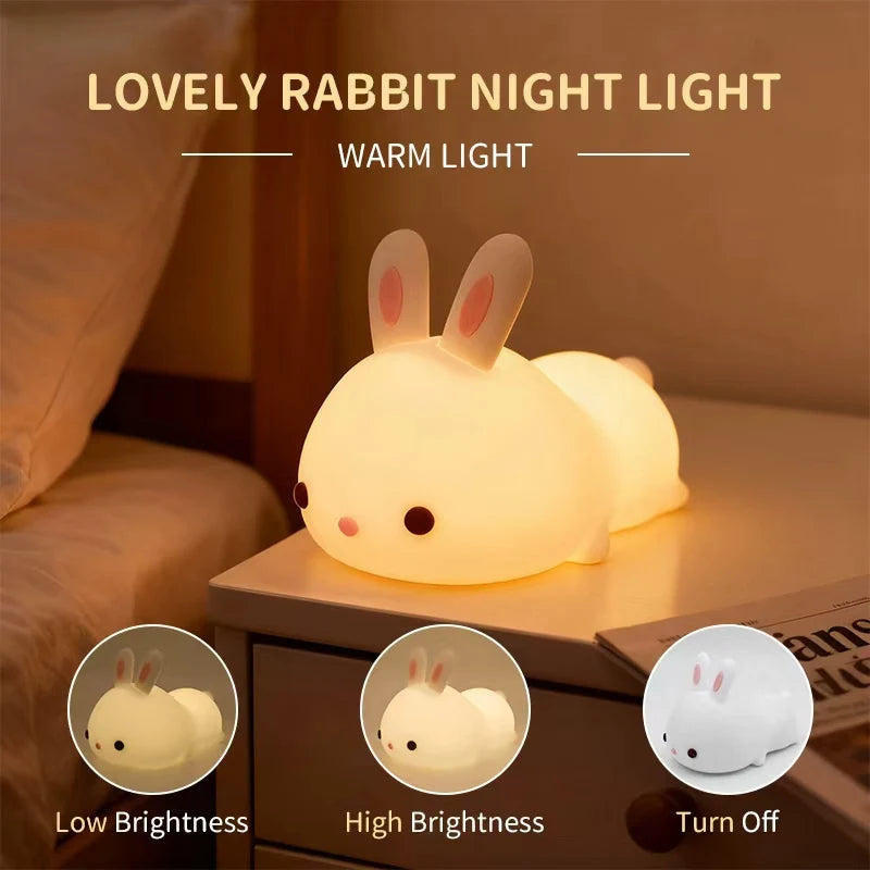 Lovely rabbit kawaii night light on a bedside table with brightness control options.