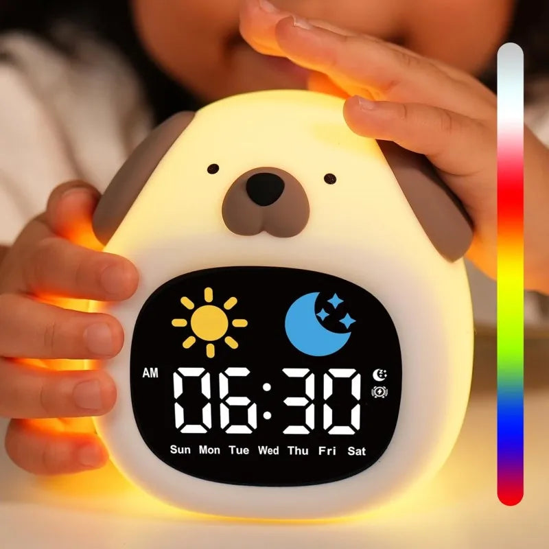Children's Kawaii digital clock shaped like a dog with a glowing border, held by a child.