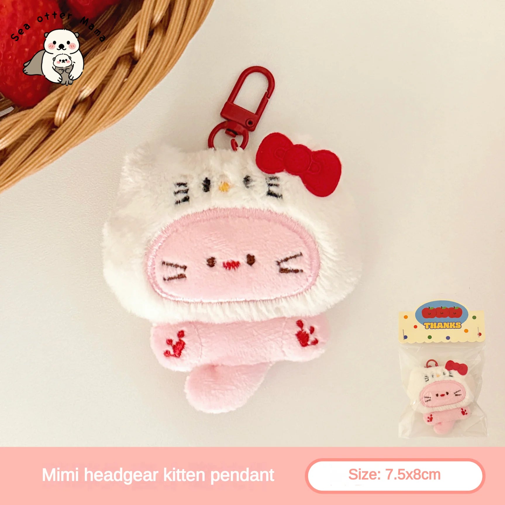 Mimi headgear kawaii kitten pendant with a red bow on a white background