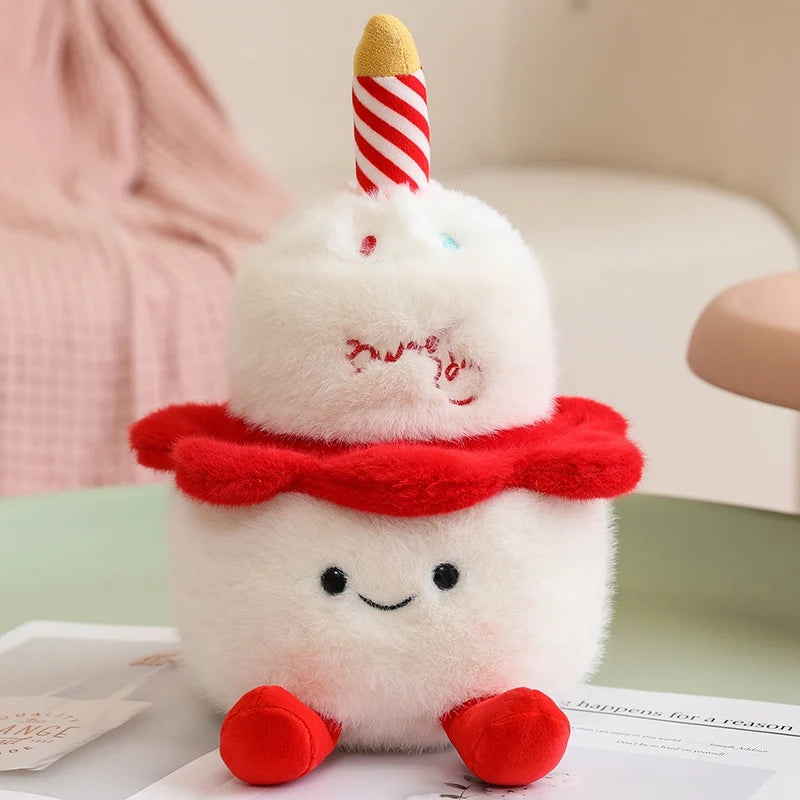 Plush kawaii toy resembling a unicorn with a birthday hat on a light surface