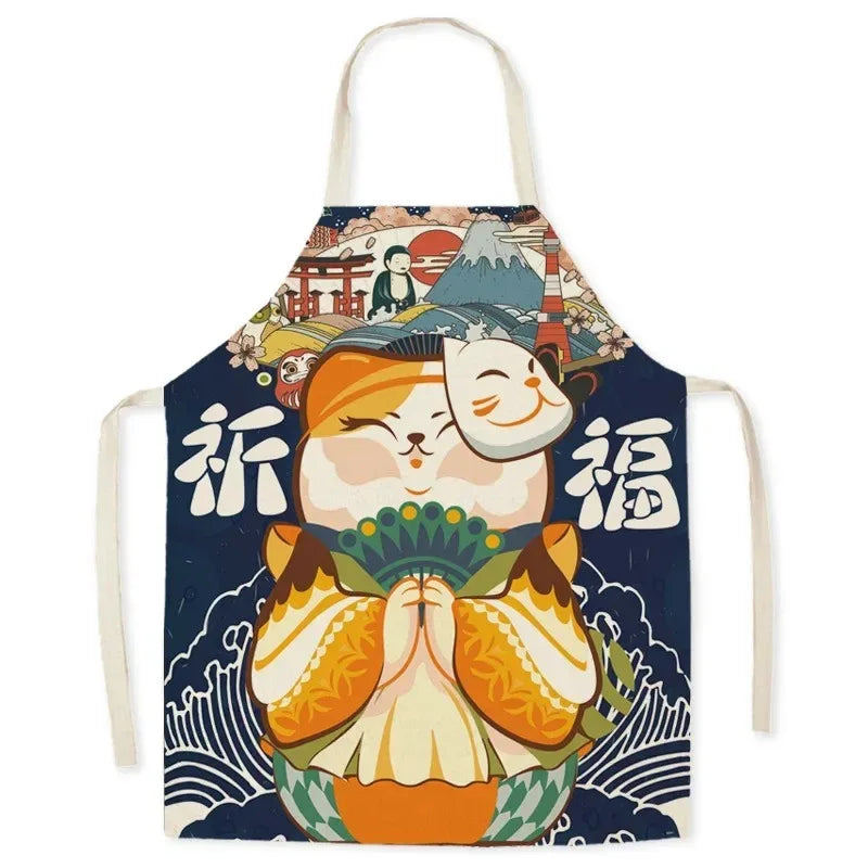 Apron with a cat Kawaii design and Japanese text on a blue background