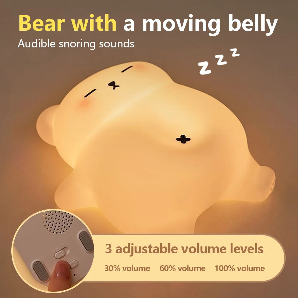 Sleepy bear kawaii night light with adjustable volume levels on a brown background