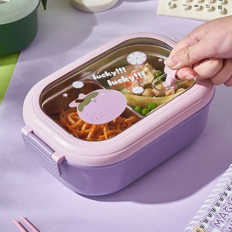 Purple kawaii bento box with food and a hand using a spoon, on a light purple surface.