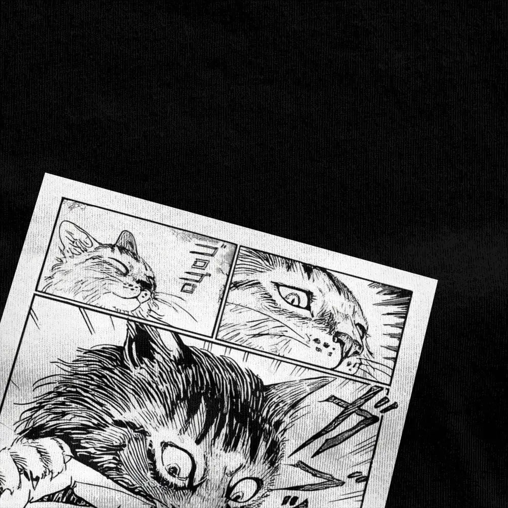 Black and white comic strip of a kawaii cat on a black background