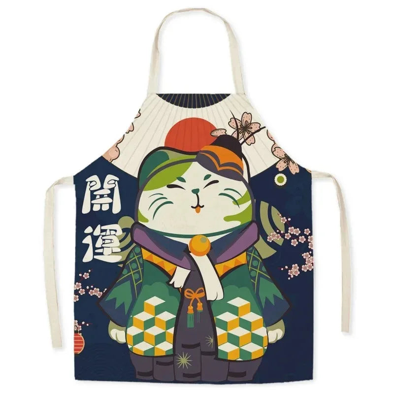Apron with a colorful Kawaii design of a cat-like character on a white background