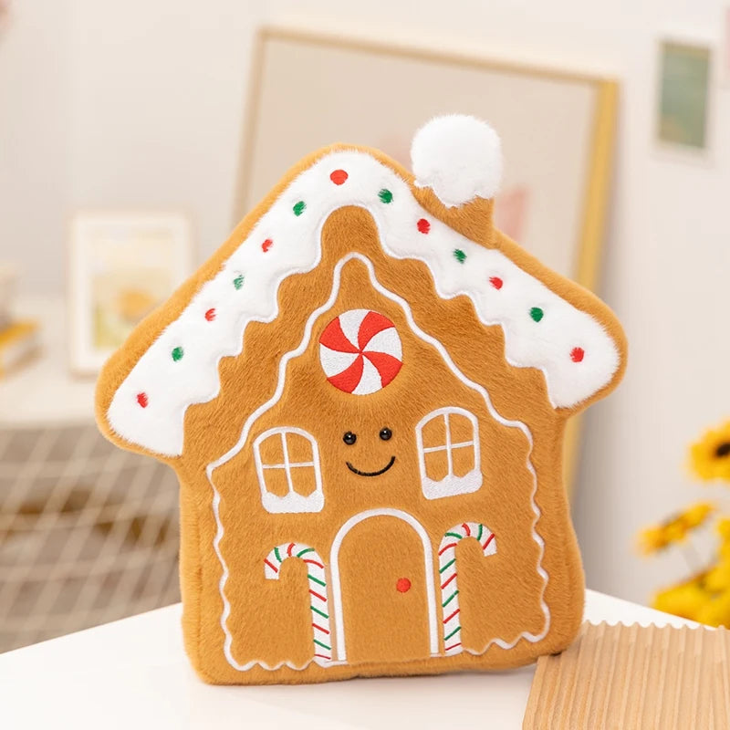 Gingerbread house-shaped kawaii plush toy with candy cane details on a neutral background