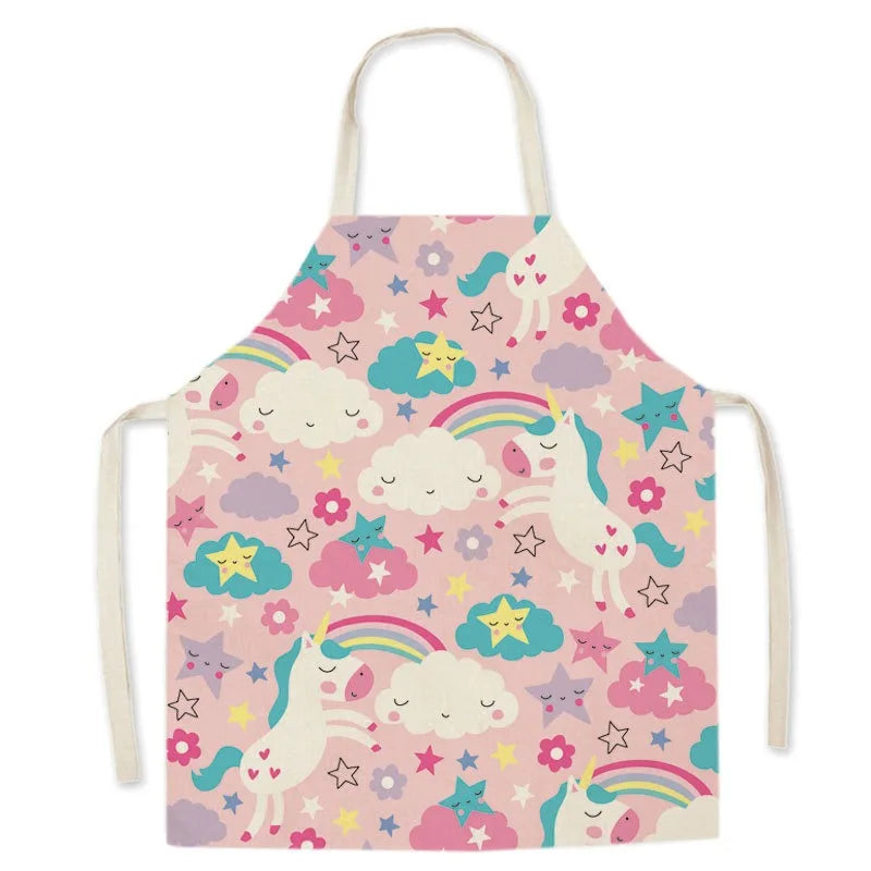 Children's Kawaii apron with unicorn and rainbow pattern on a pink background