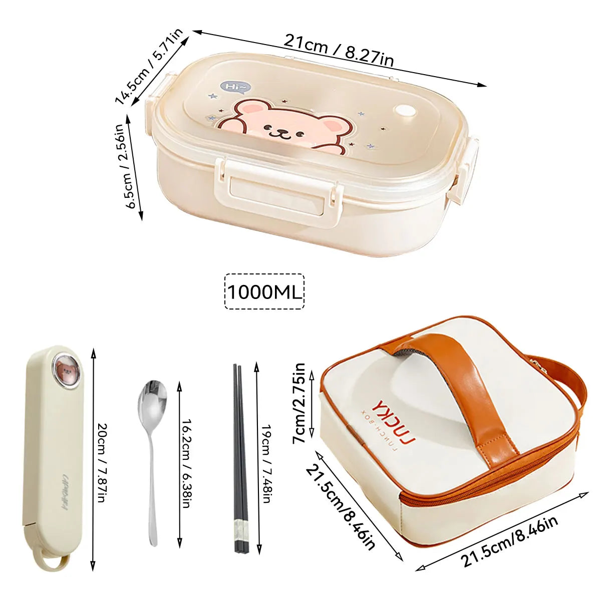Lunch kawaii box set with dimensions and additional items on a white background