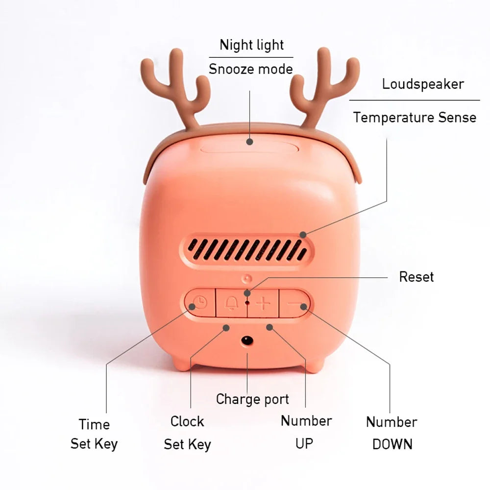 Cute pink kawaii alarm clock with reindeer antlers labeled on a white background