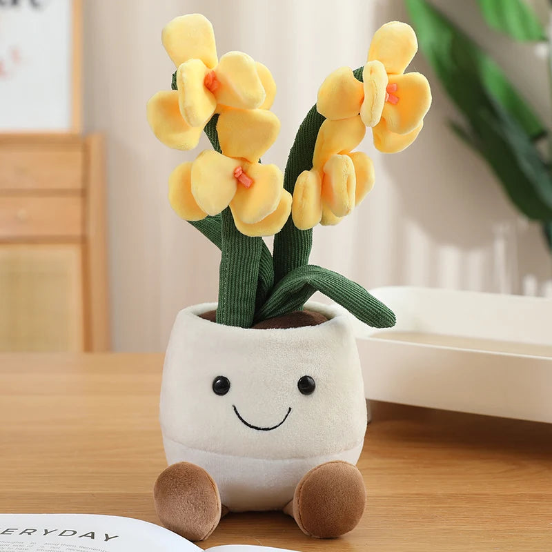 Plush kawaii toy plant with yellow flowers and a smiling face on a wooden surface.