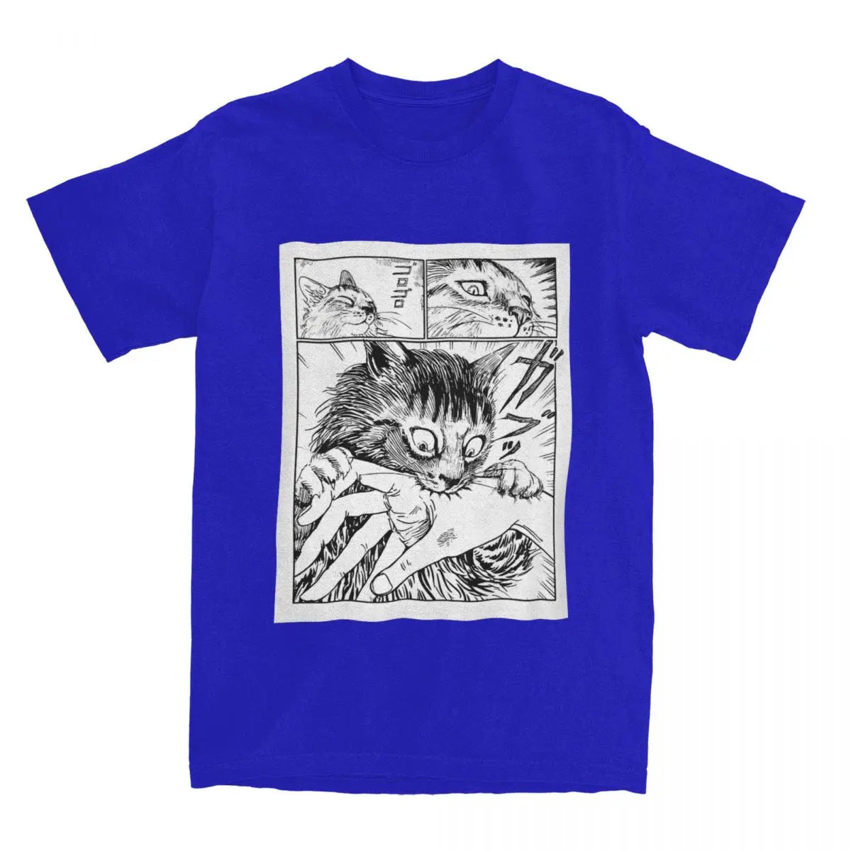 Blue t-shirt with black and white kawaii cat illustration on a white background