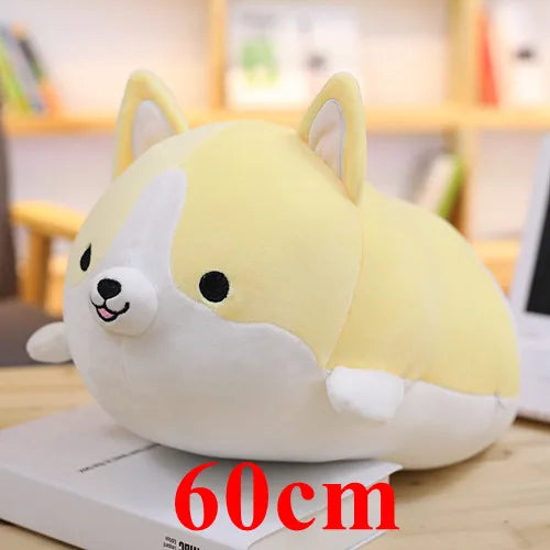 Plush kawaii toy shaped like a cartoon dog with '60cm' text on a blurred background