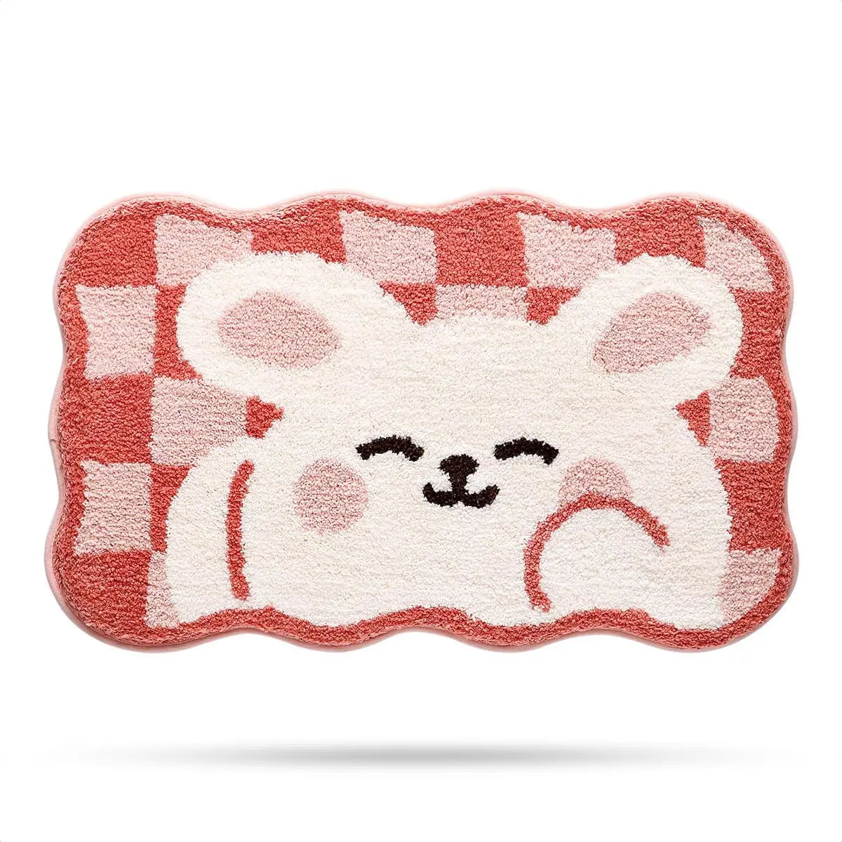 Cute Kawaii animal-shaped mat with a checkered border on a white background