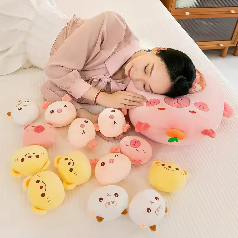 Woman lying on a bed with a pink kawaii plush pillow, surrounded by various colorful plush toys.